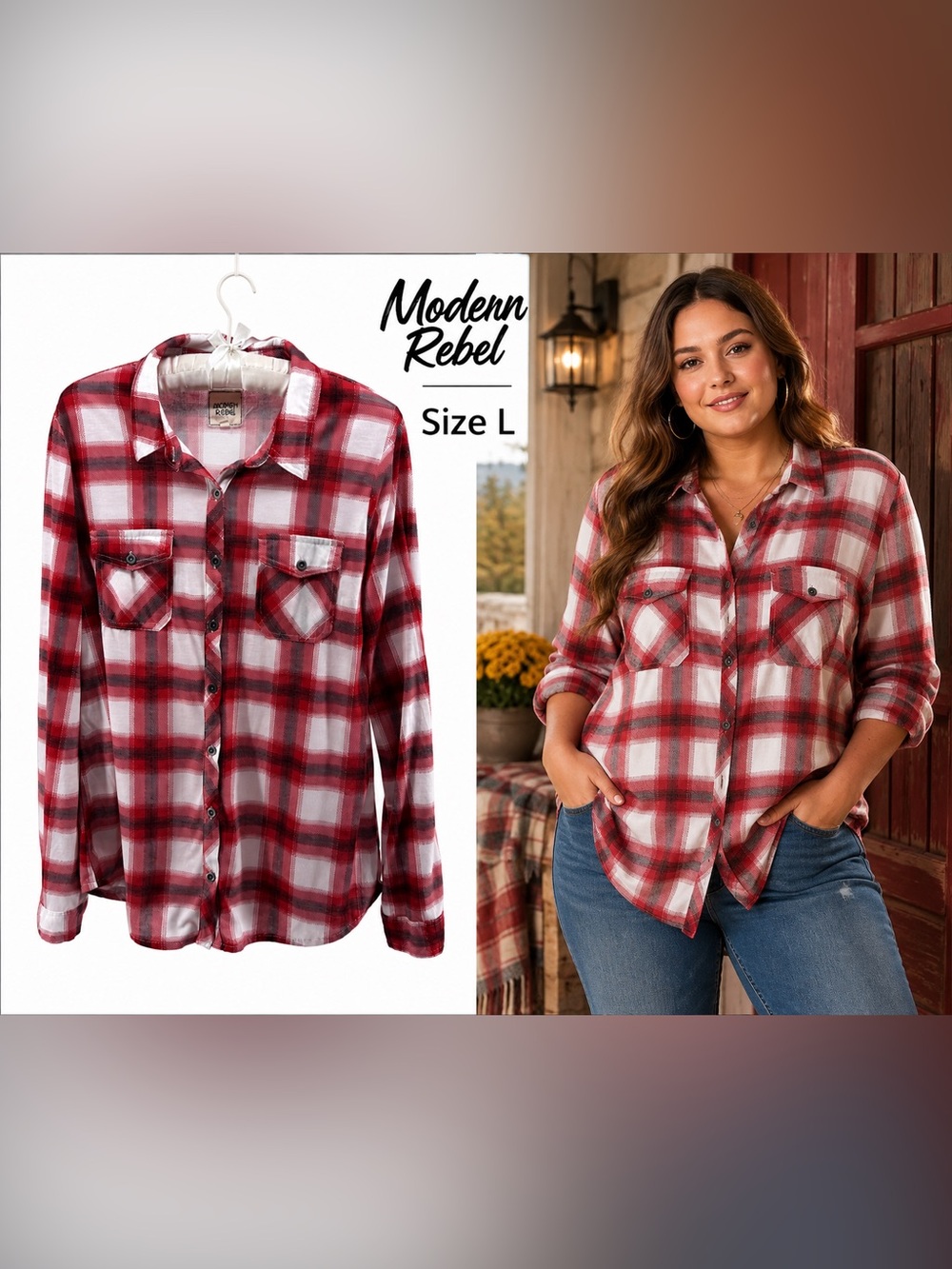 Modern Rebel Red White Plaid Button-Down Shirt Women's L Cottagecore Western